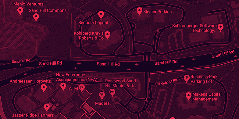 Screenshot from Google Maps showing several venture capital firms on Sand Hill Road in Menlo Park, California